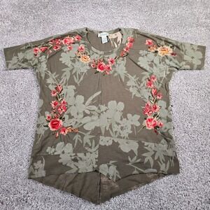 Sundance Shirt Womens Large Green Embroidered Flowers Short Sleeve‎